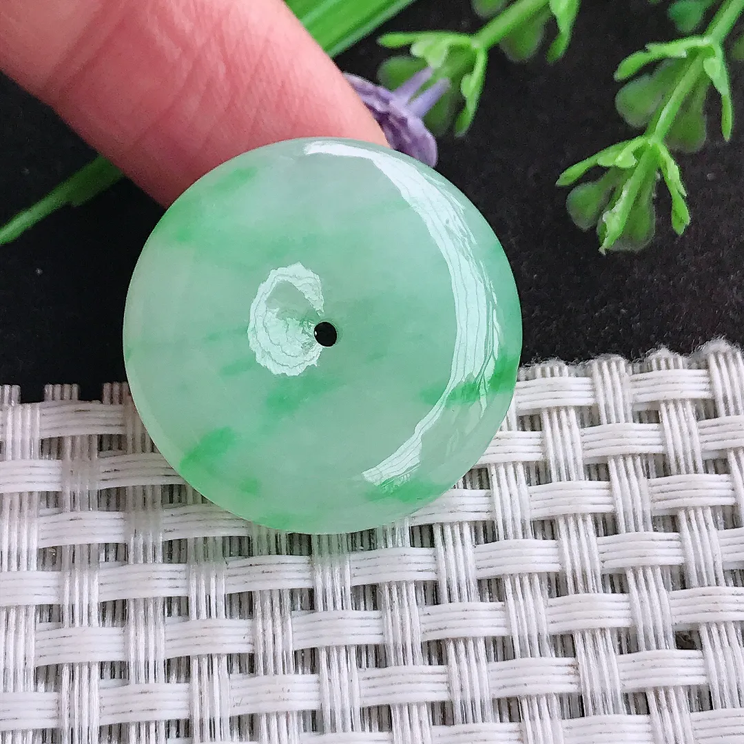 天然a货翡翠26.6/6.9老坑冰胶飘阳绿平安扣吊坠翡翠玉扣挂件