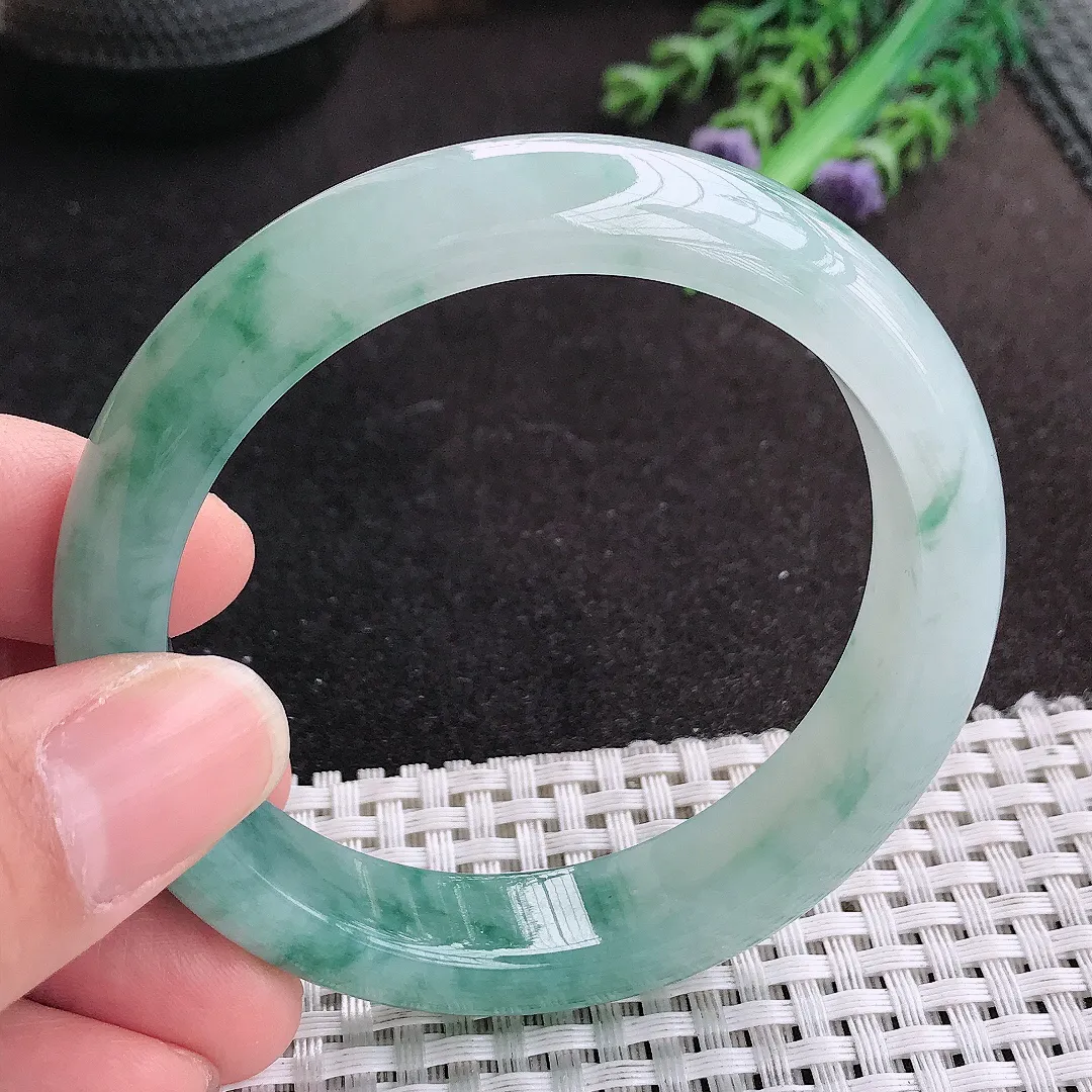 天然A货翡翠56.5/12.8/8.3老坑冰胶果冻冰飘花手镯宽边玉手镯