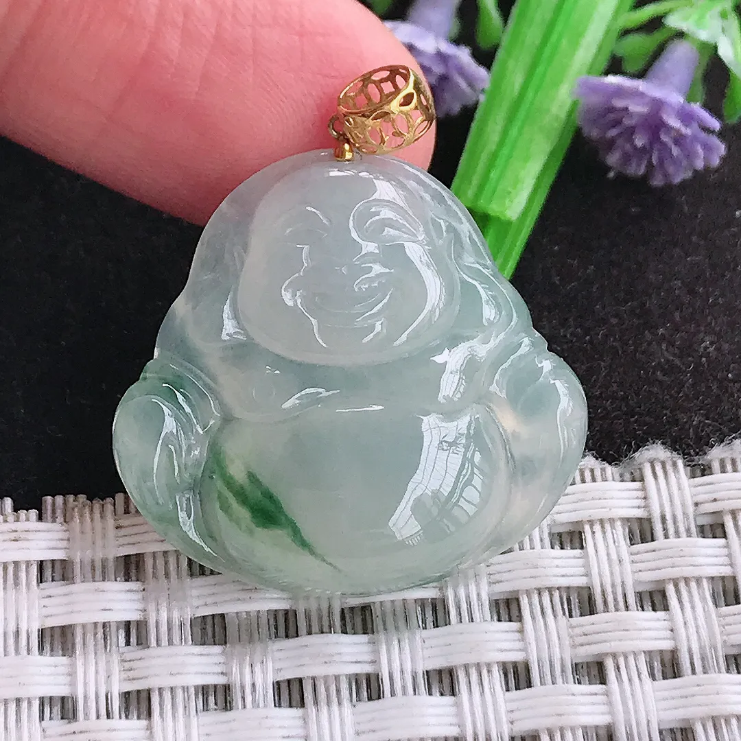 天然a货翡翠25/26.6/5.9老坑18k金镶嵌冰胶飘花佛公吊坠翡翠玉挂件