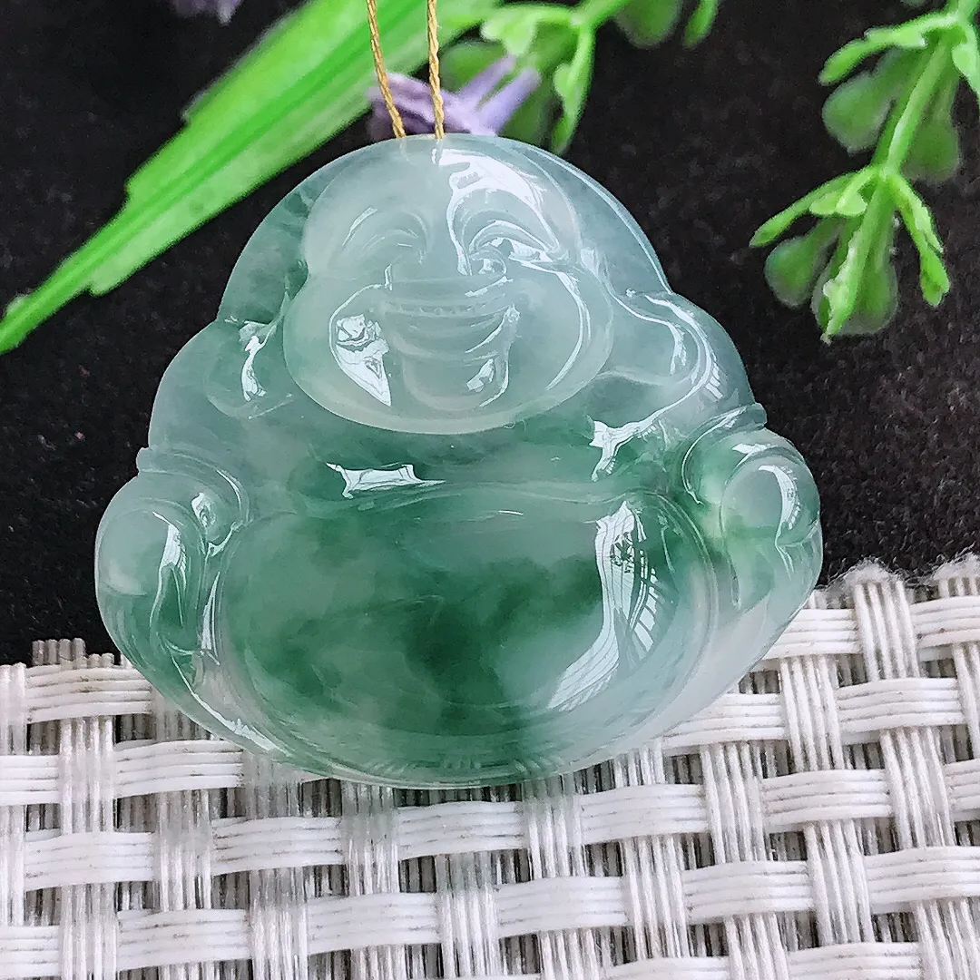 天然a货翡翠29.6/32.8/6.1老坑冰胶果冻冰飘花佛公吊坠翡翠玉佛挂件