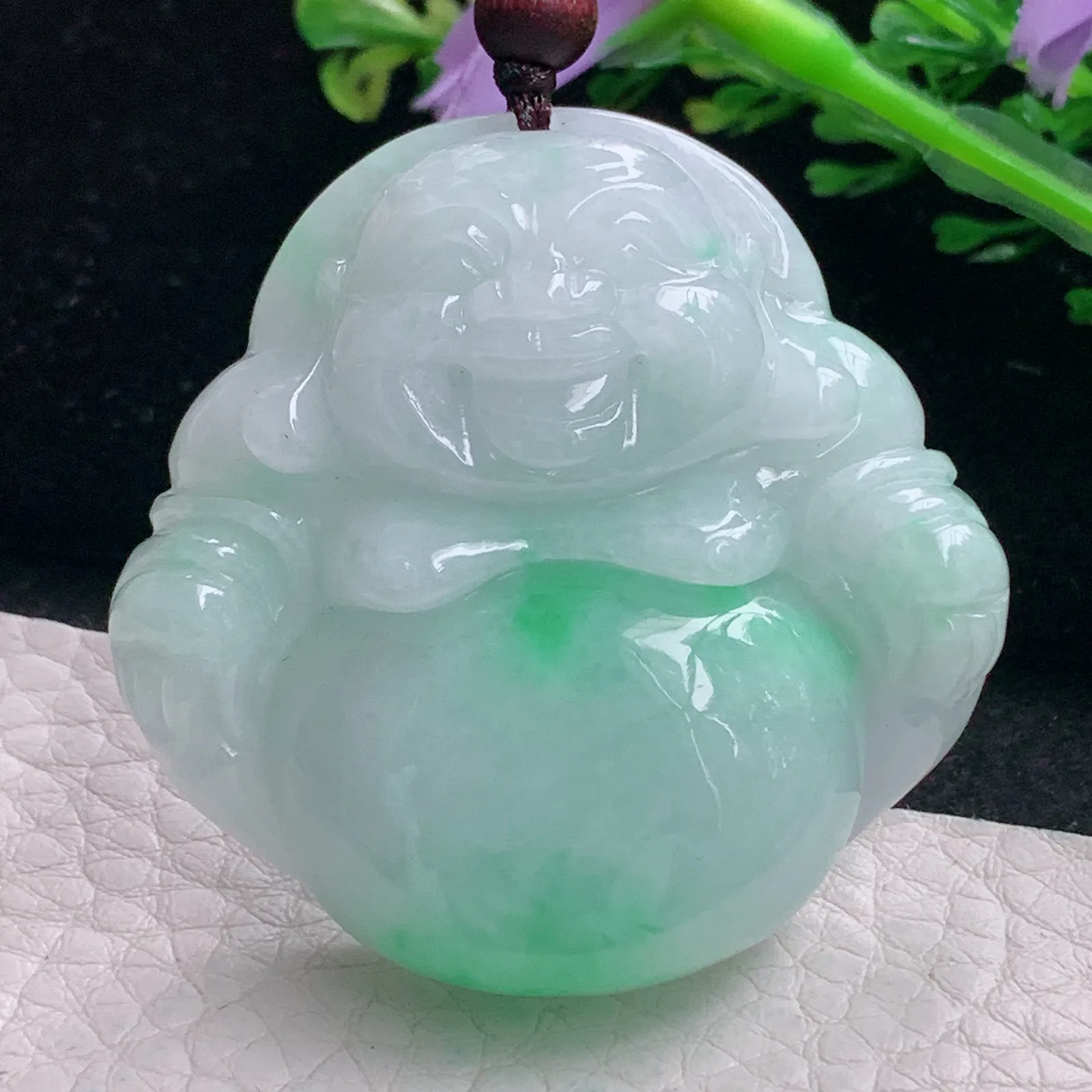 zen自然光45*46*12.3天然缅甸翡翠飘绿佛公 开心佛玉吊坠 玉挂件