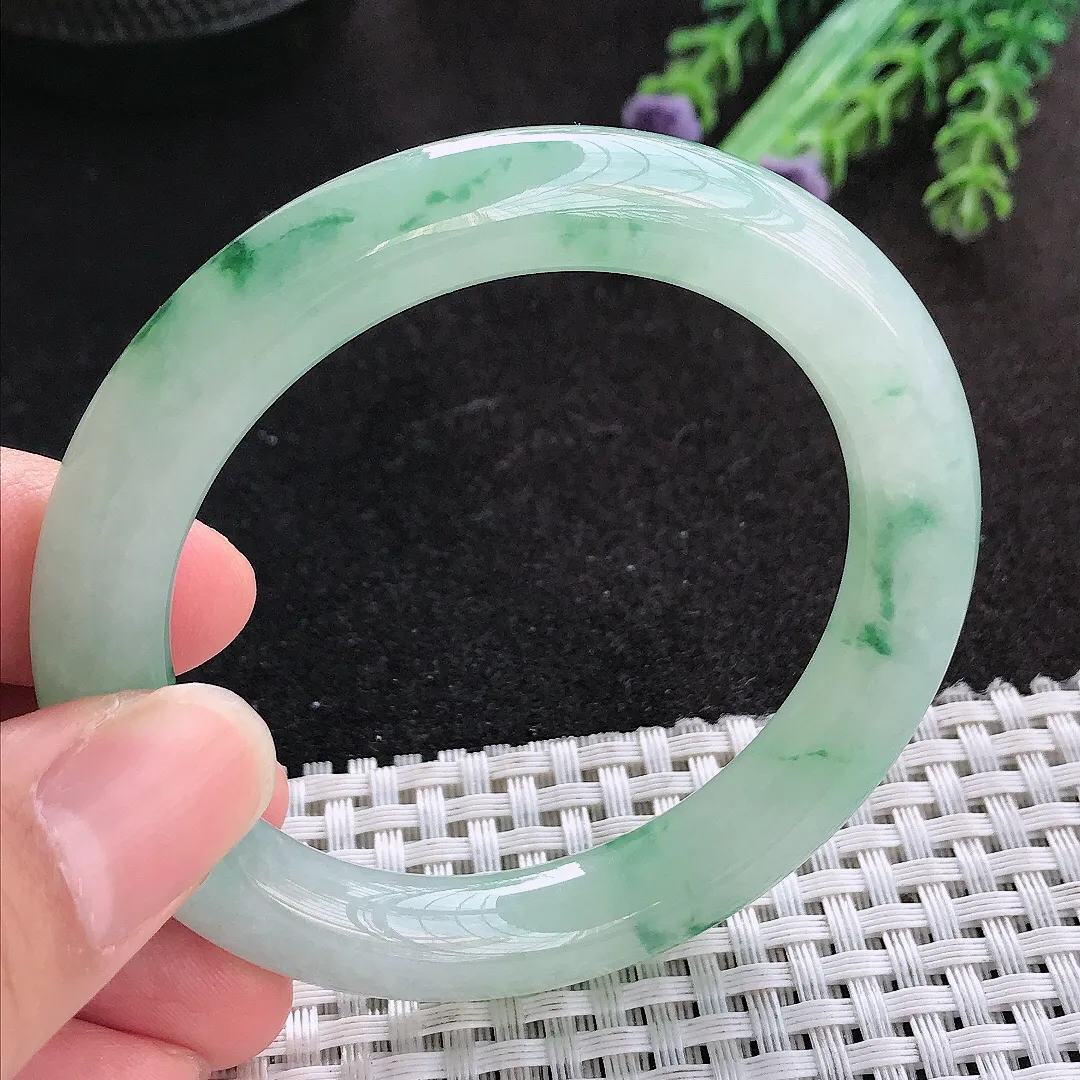 天然A货翡翠52.5/9.9/9.6老坑冰胶果冻飘花圆条手镯小圈口玉手镯