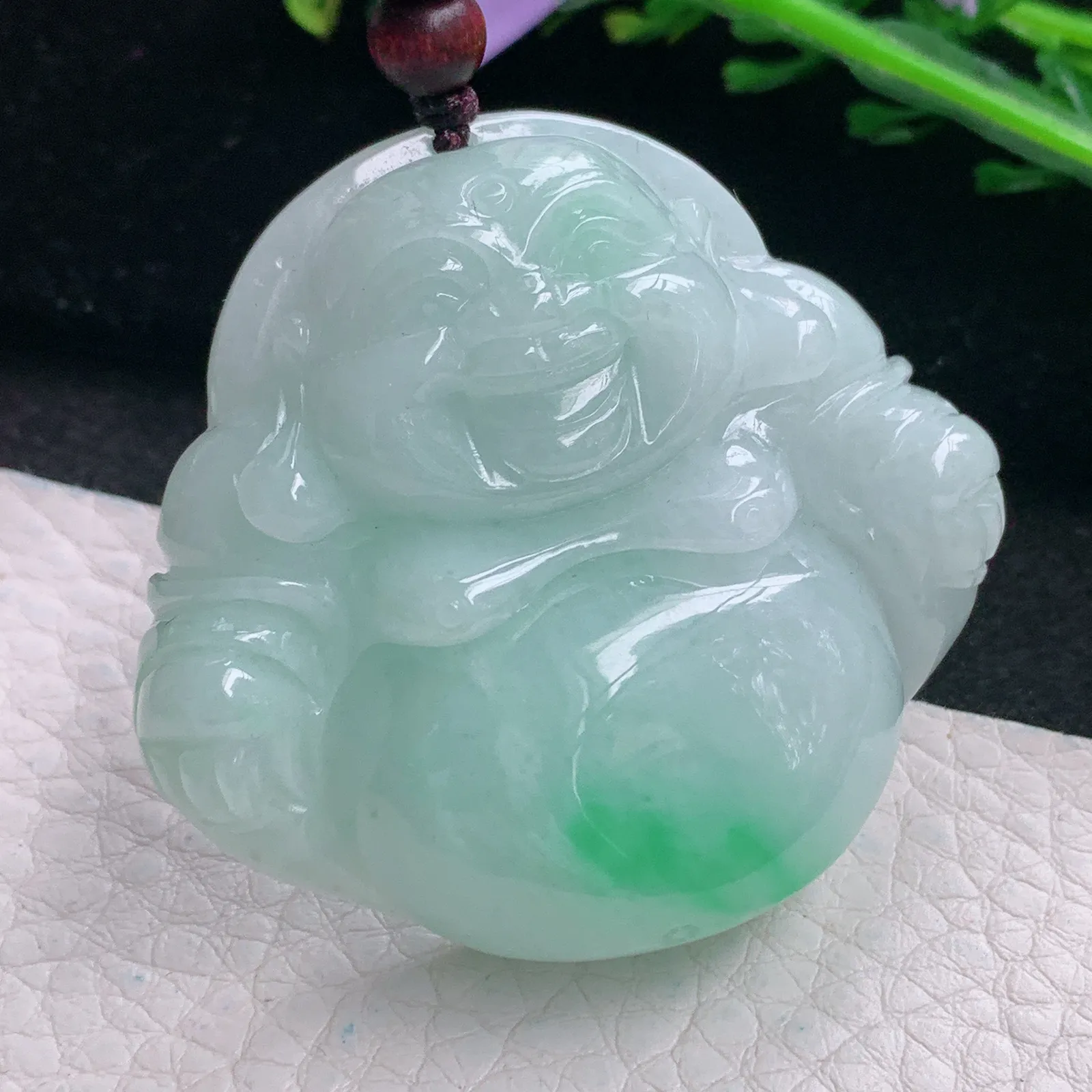 zen自然光45.8*50*13天然缅甸翡翠飘绿大佛公 开心佛玉吊坠 玉挂件