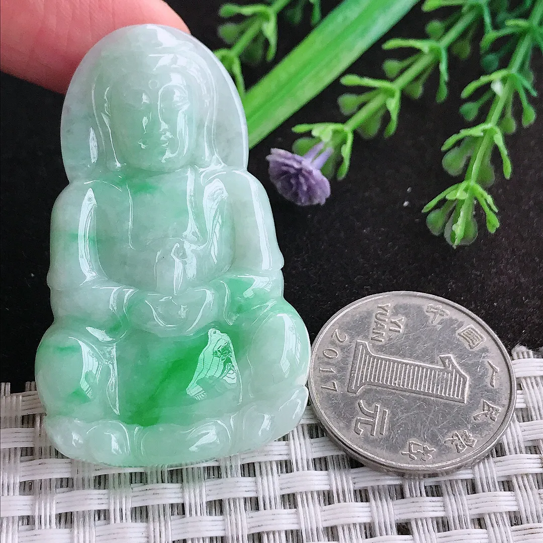 天然a货翡翠51/31.3/5.5老坑温润飘阳绿正装观音吊坠翡翠玉挂件