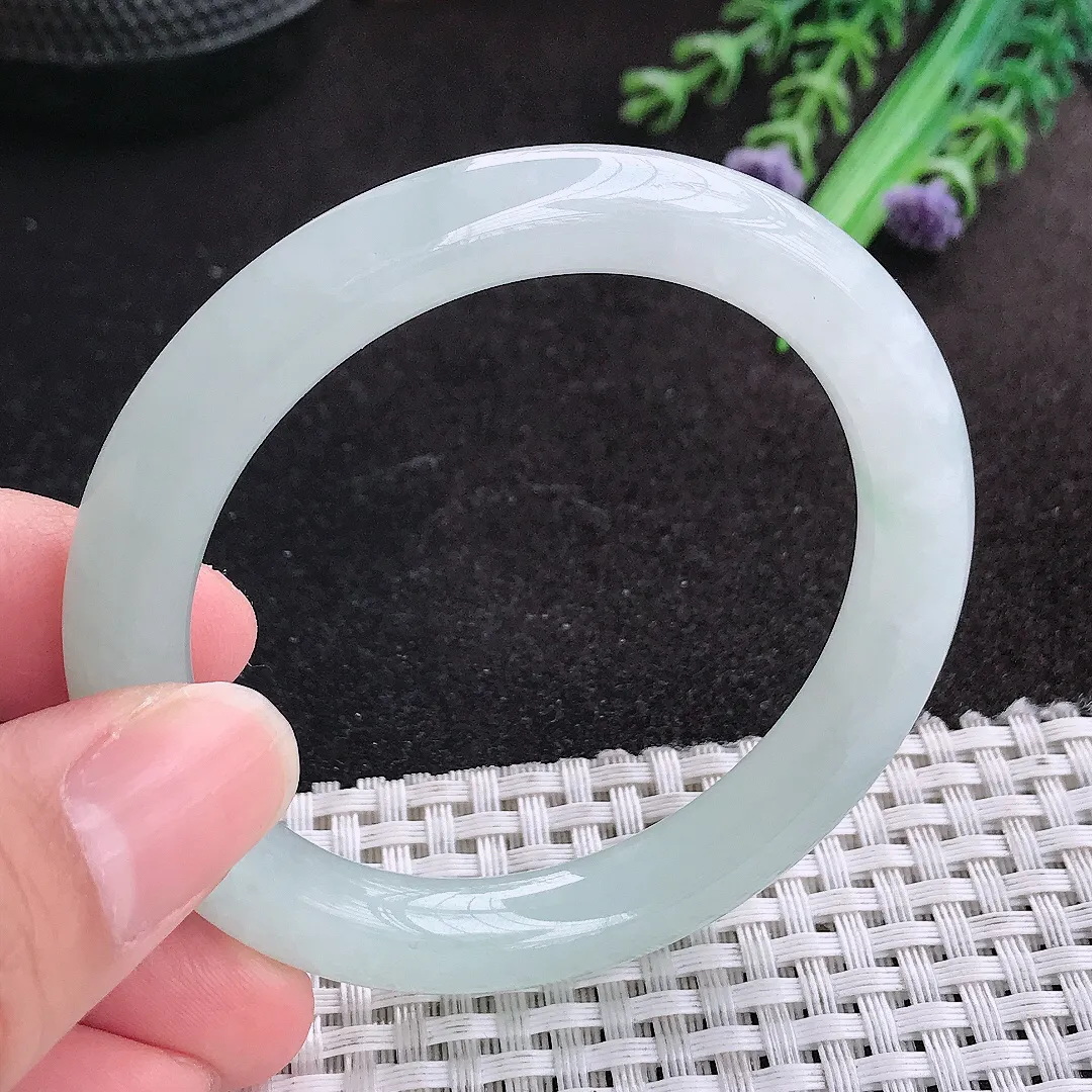 天然A货翡翠52.5/9.1/8.7老坑冰胶果冻冰晴圆条手镯小圈口玉手镯