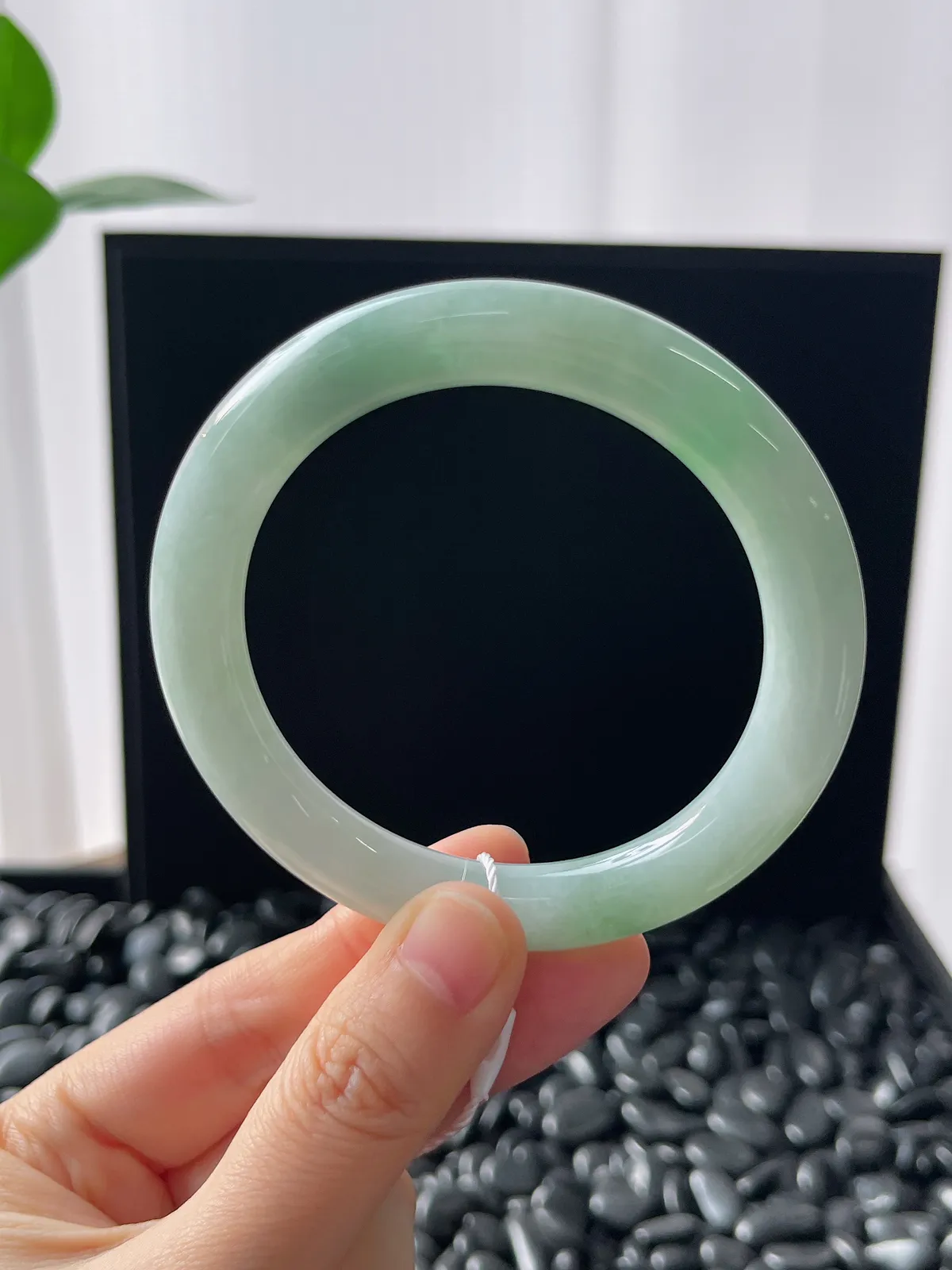 圆镯55圈口，翡翠糯化种浅绿色手镯