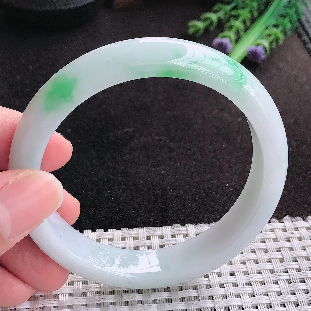 天然A货翡翠60/12.8/8.3老坑冰润水灵飘阳绿手镯宽边玉手镯