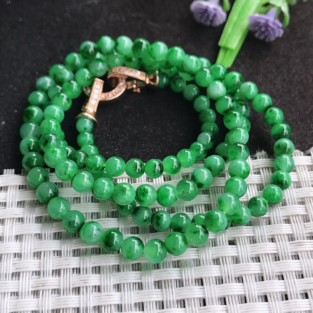 天然a货翡翠5/11.8颗老坑精美冰润辣阳绿满绿圆珠项链翡翠玉珠手链