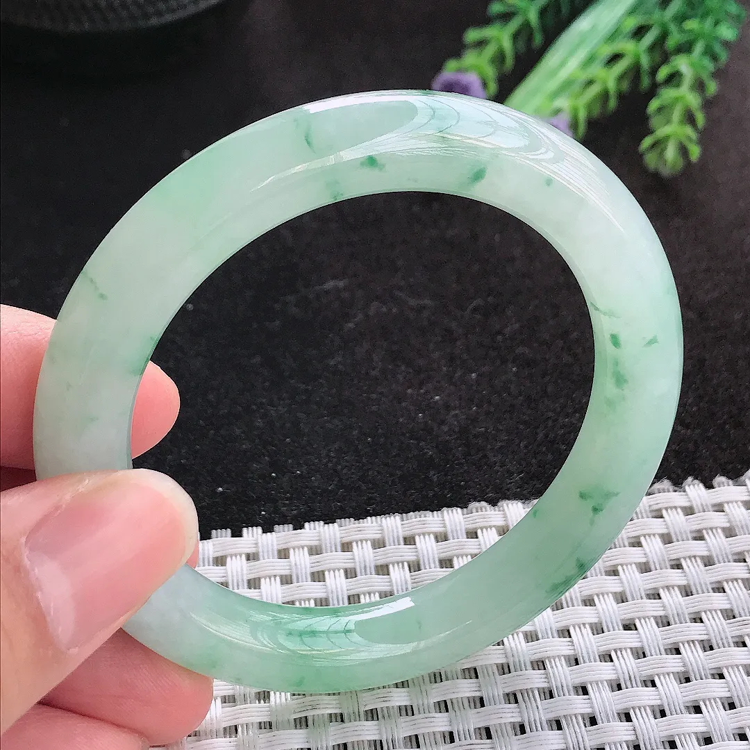 天然A货翡翠52.5/9.9/9.6老坑冰胶果冻飘花圆条手镯小圈口玉手镯