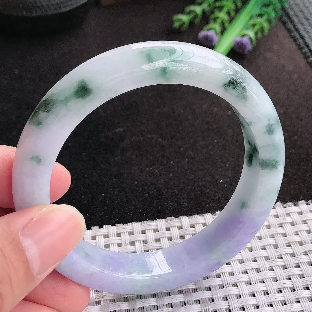 天然A货翡翠57.5/12.7/9老坑精美温润紫罗兰飘花手镯宽边玉手镯