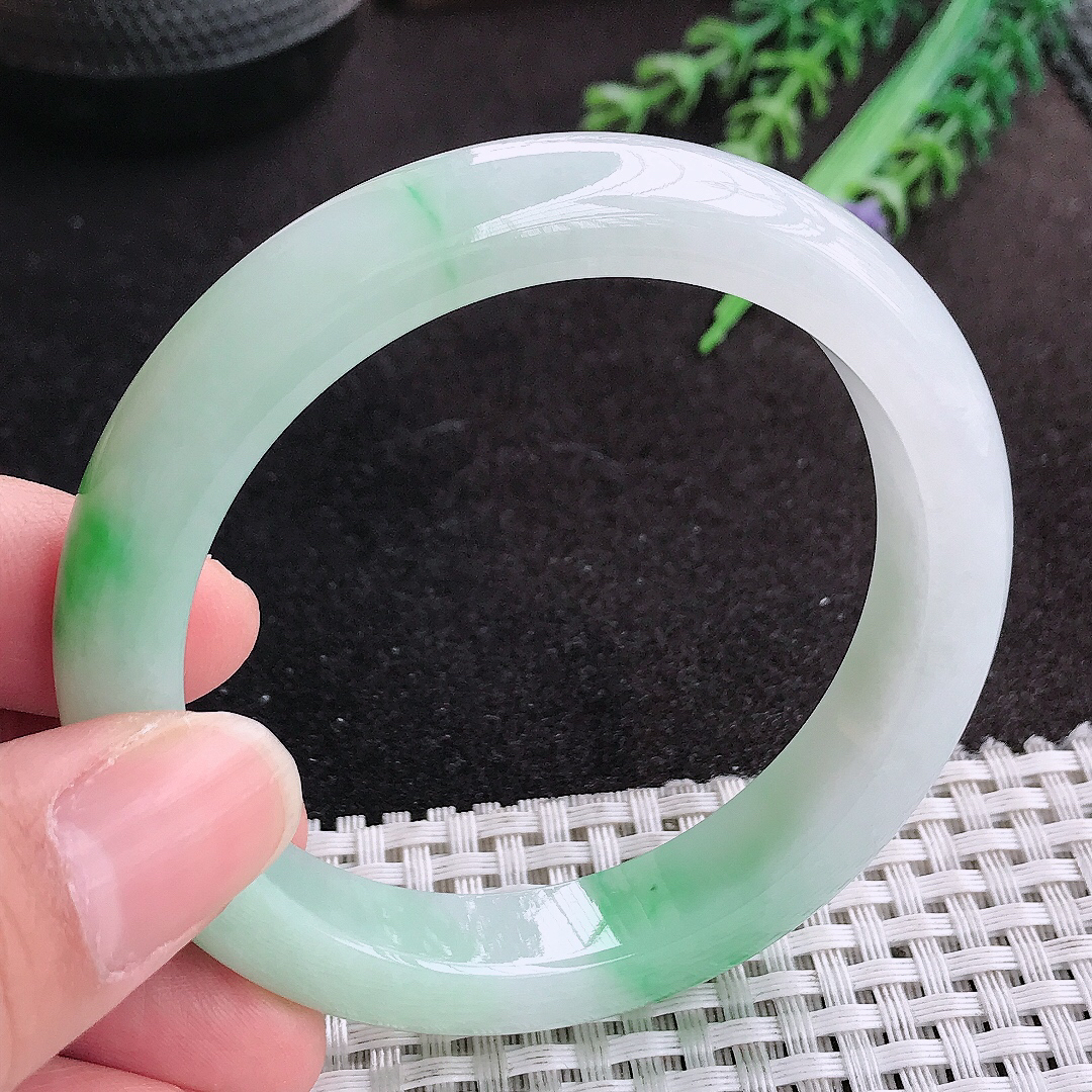 天然A货翡翠55.8/11.2/8.6老坑冰润起胶飘阳绿手镯宽边玉手镯