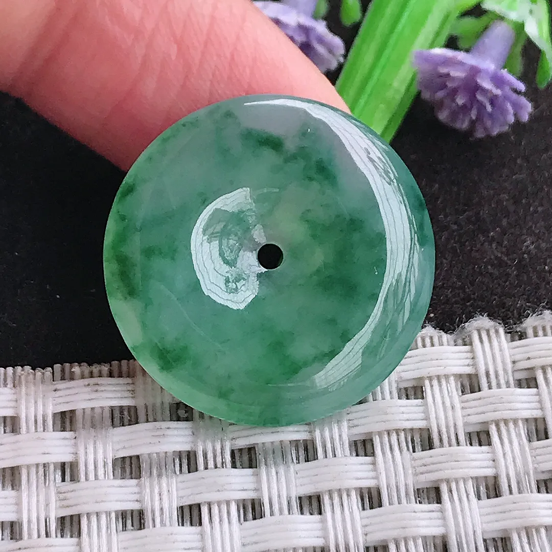 天然a货翡翠23.6/4.6老坑冰种果冻胶满色飘花平安扣吊坠小扣子挂件