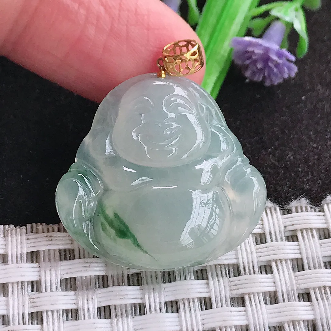 天然a货翡翠25/26.6/5.9老坑18k金镶嵌冰胶飘花佛公吊坠翡翠玉挂件