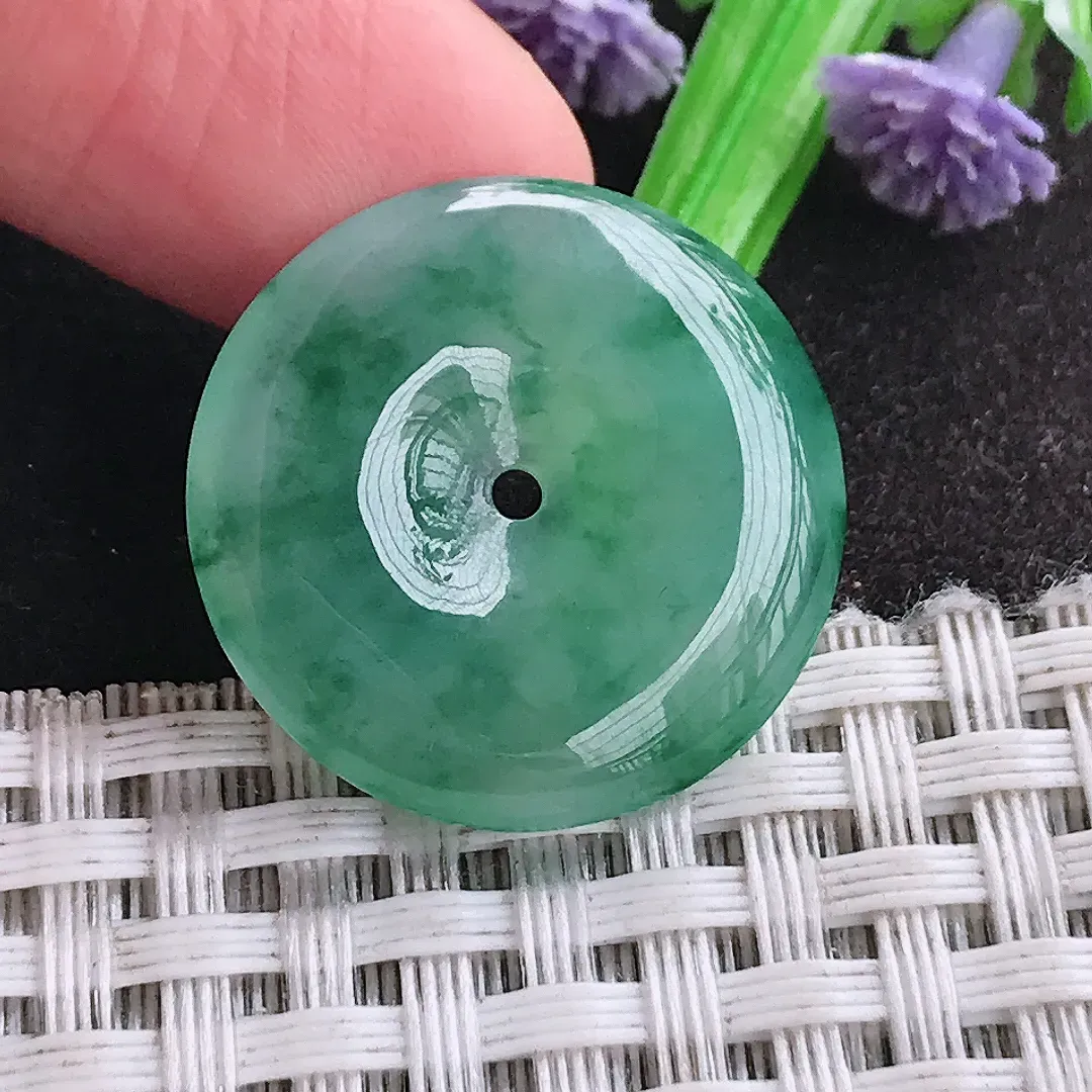 天然a货翡翠23.6/4.6老坑冰种果冻胶满色飘花平安扣吊坠小扣子挂件