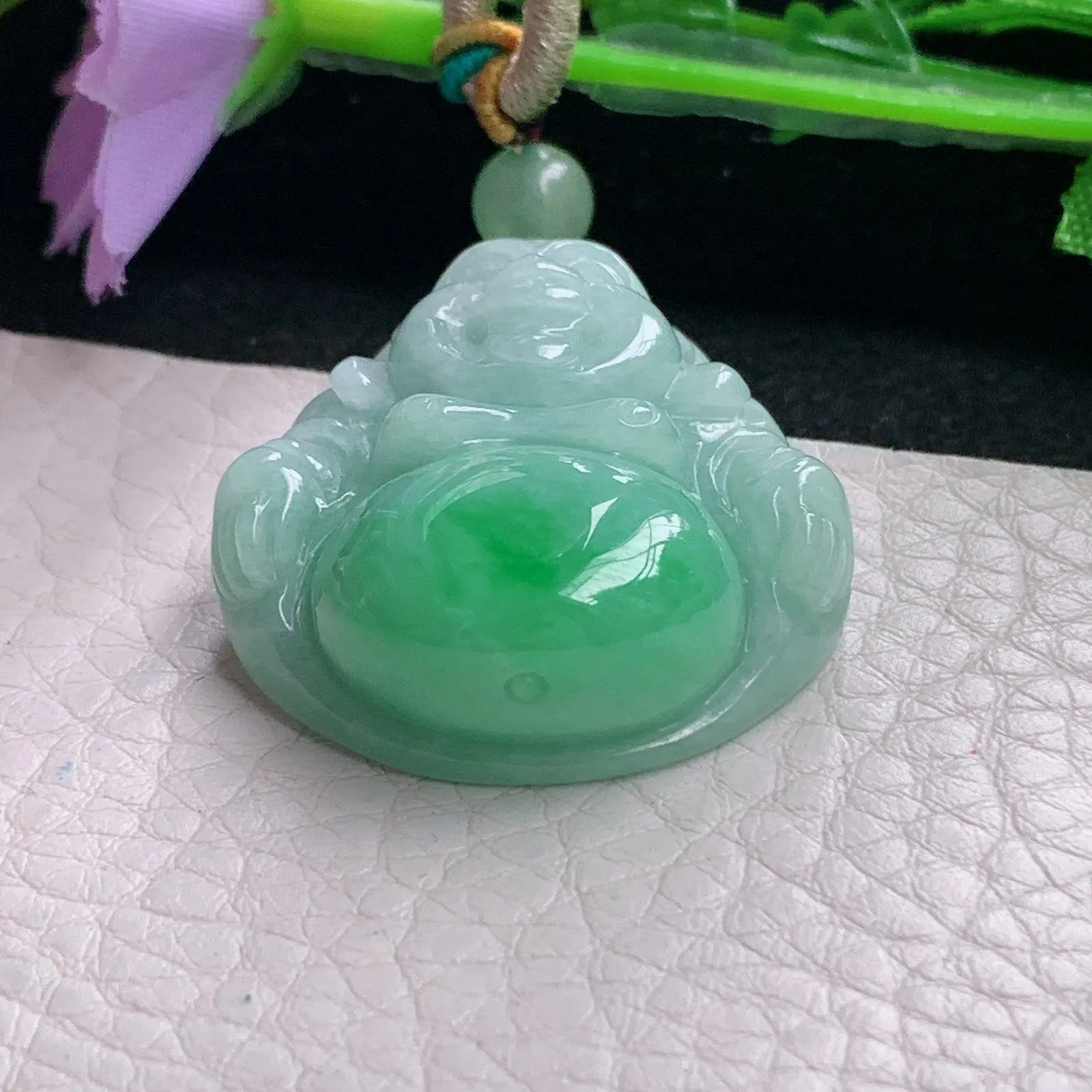 zen自然光31.8*30.2*11.8天然缅甸翡翠辣绿佛公 弥勒佛玉吊坠 玉挂件