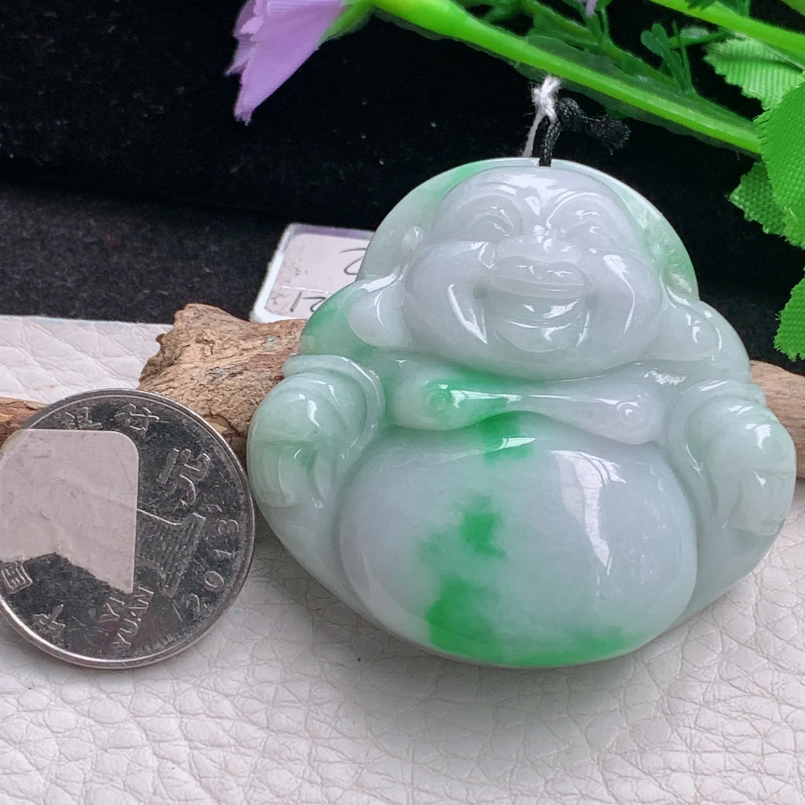 zen自然光47.5*49*13.9天然缅甸翡翠飘阳绿大佛公 弥勒佛玉吊坠 玉挂件