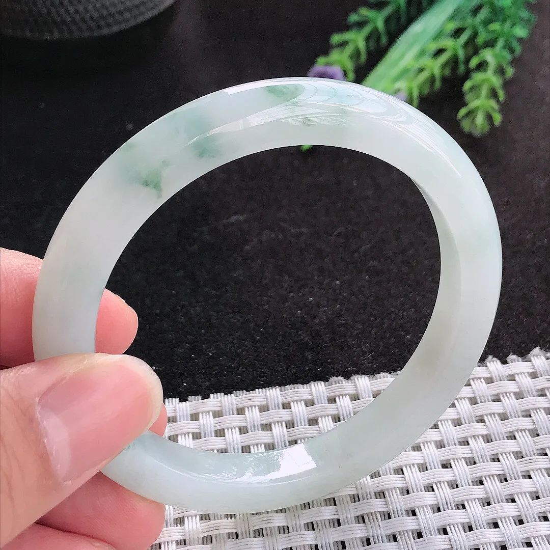 天然A货翡翠55/8.9/8.3老坑冰润起胶飘花手镯宽边玉手镯