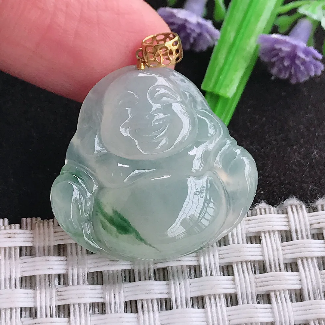 天然a货翡翠25/26.6/5.9老坑18k金镶嵌冰胶飘花佛公吊坠翡翠玉挂件