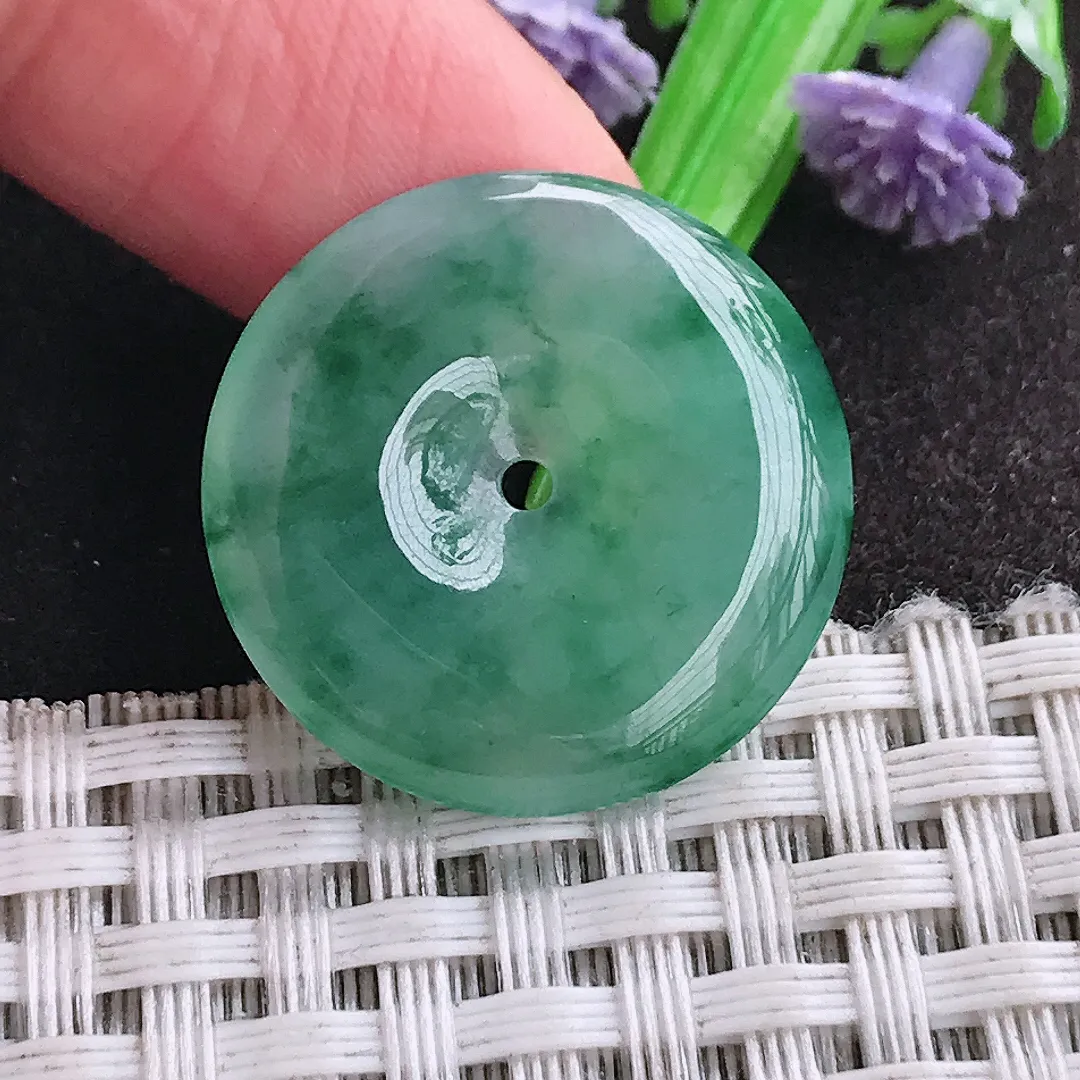 天然a货翡翠23.6/4.6老坑冰种果冻胶满色飘花平安扣吊坠小扣子挂件