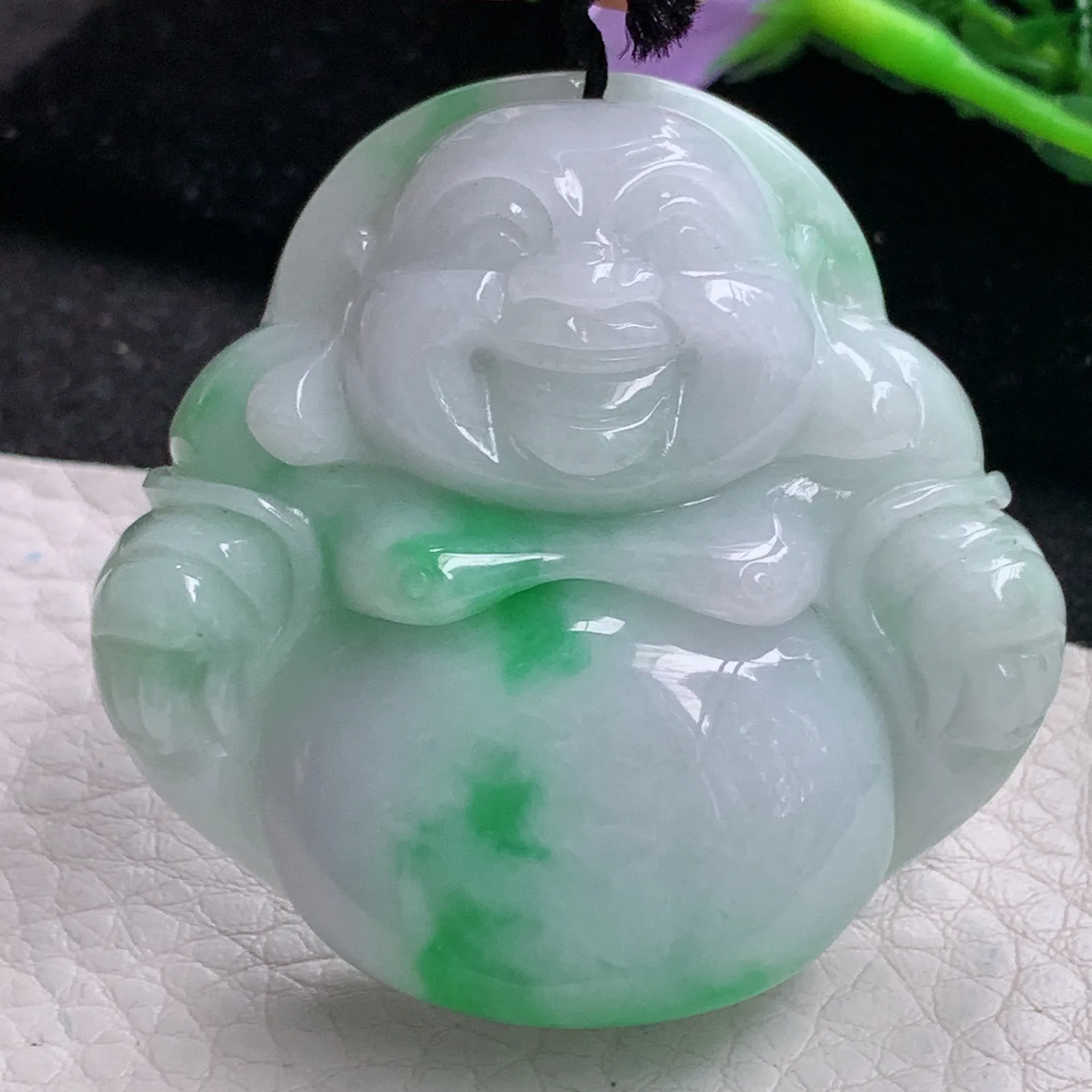 zen自然光47.5*49*13.9天然缅甸翡翠飘阳绿大佛公 弥勒佛玉吊坠 玉挂件