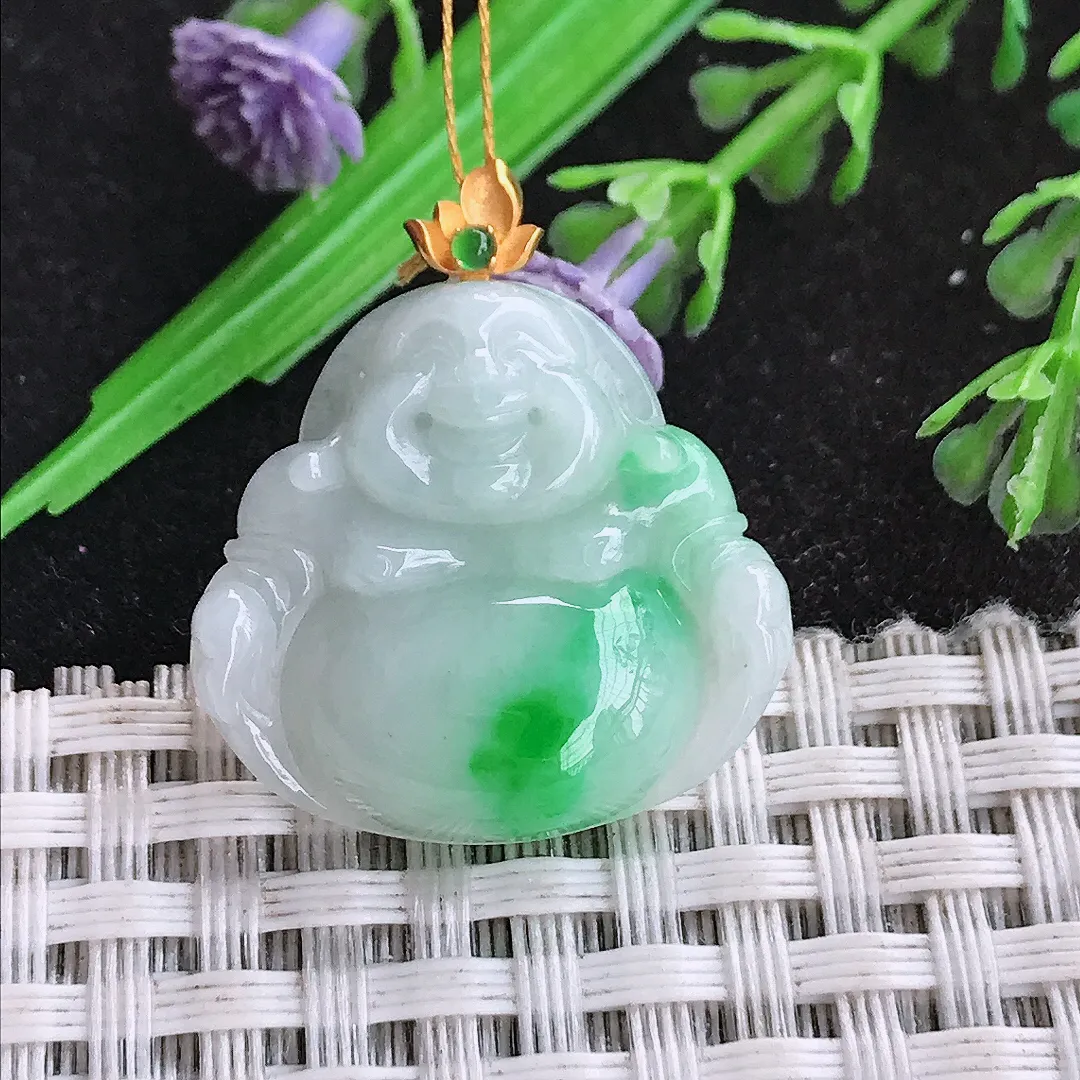 天然a货翡翠22.8/24.3/5.5老坑18k金镶嵌白底青飘阳绿佛公吊坠翡翠玉挂件