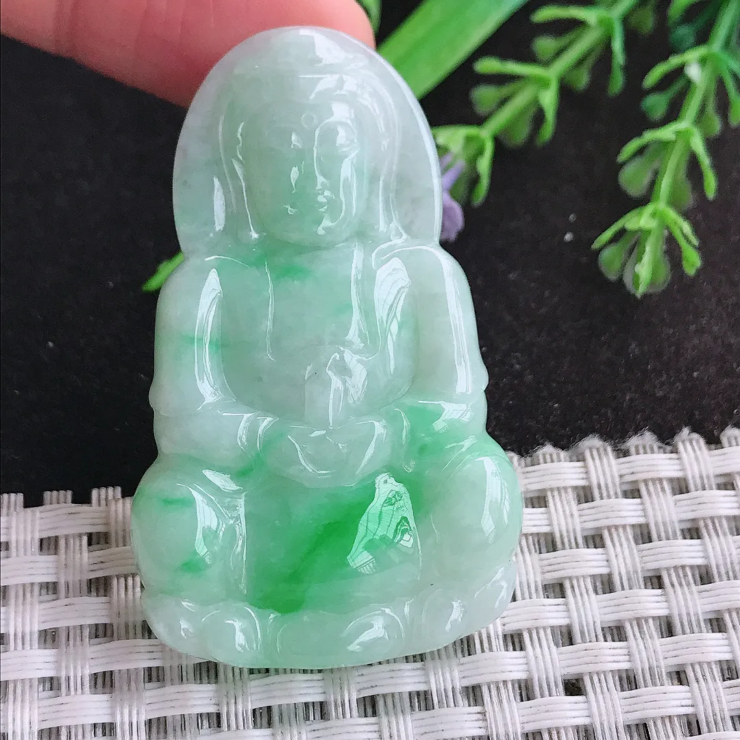 天然a货翡翠51/31.3/5.5老坑温润飘阳绿正装观音吊坠翡翠玉挂件