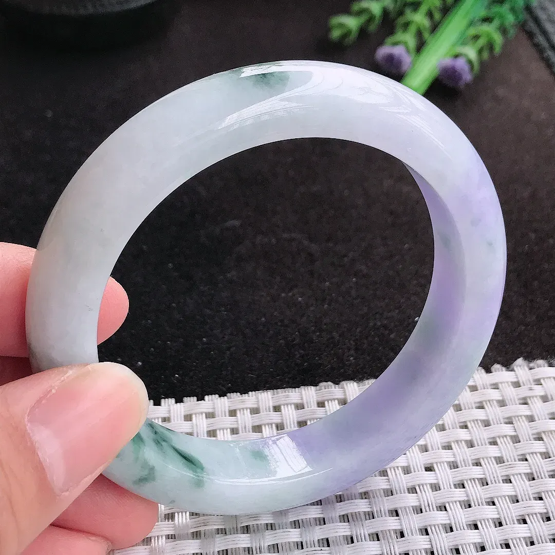 天然A货翡翠57.5/12.7/9老坑精美温润紫罗兰飘花手镯宽边玉手镯