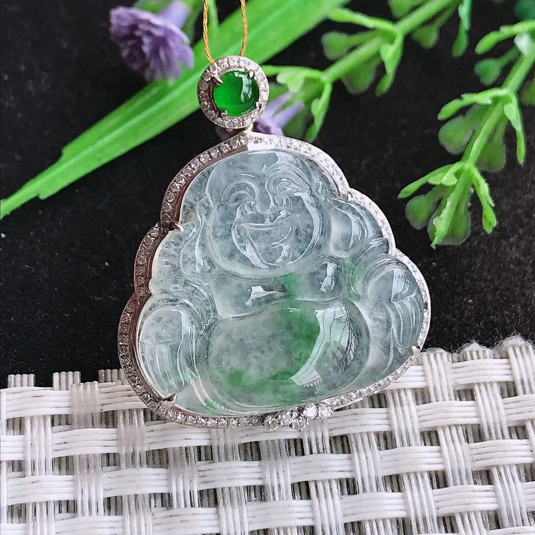 天然a货翡翠34/29/8.5老坑18k金镶嵌冰种飘绿佛公吊坠翡翠玉佛挂件