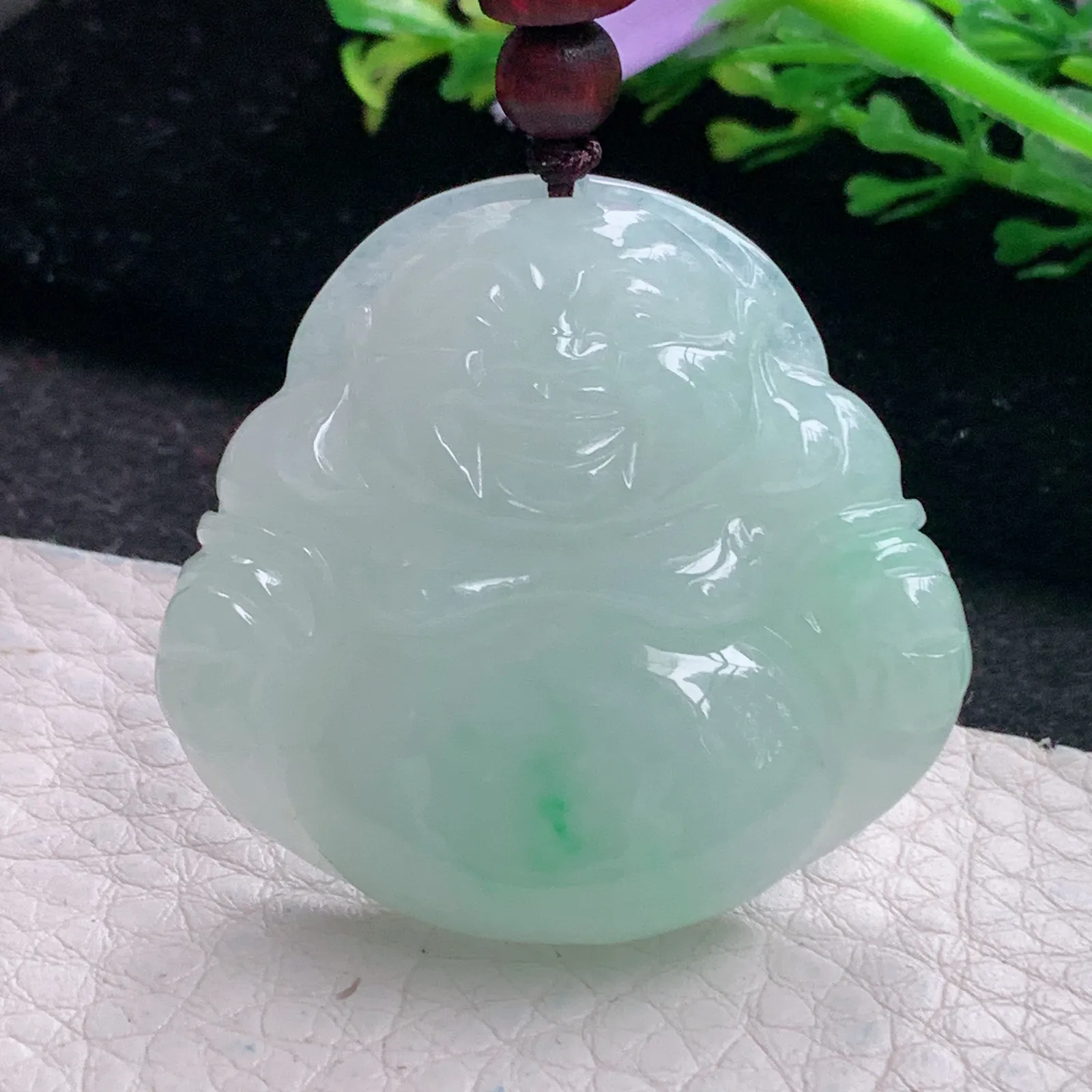 zen自然光37.6*40.5*9.3天然缅甸翡翠飘绿水润佛公 弥勒佛玉吊坠 玉挂件