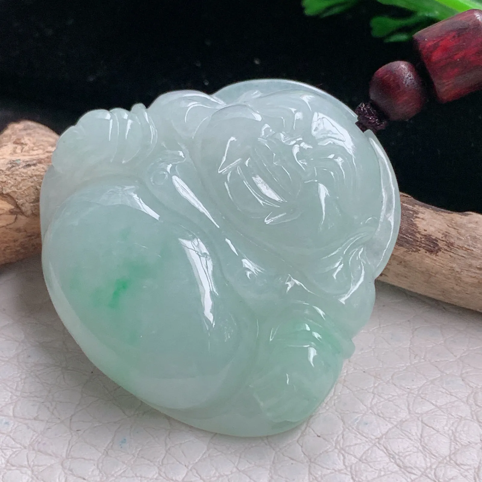 zen自然光37.6*40.5*9.3天然缅甸翡翠飘绿水润佛公 弥勒佛玉吊坠 玉挂件
