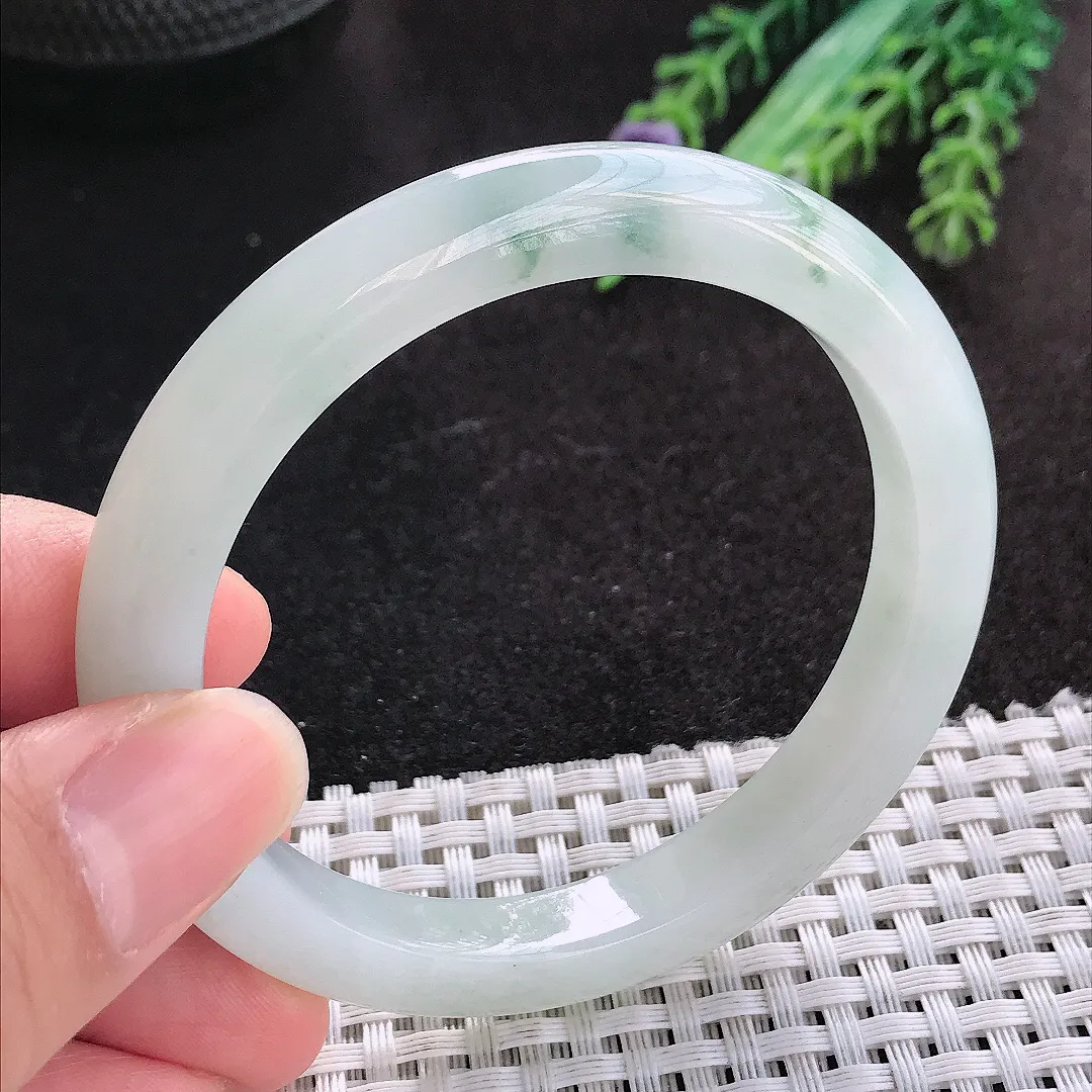 天然A货翡翠55/8.9/8.3老坑冰润起胶飘花手镯宽边玉手镯