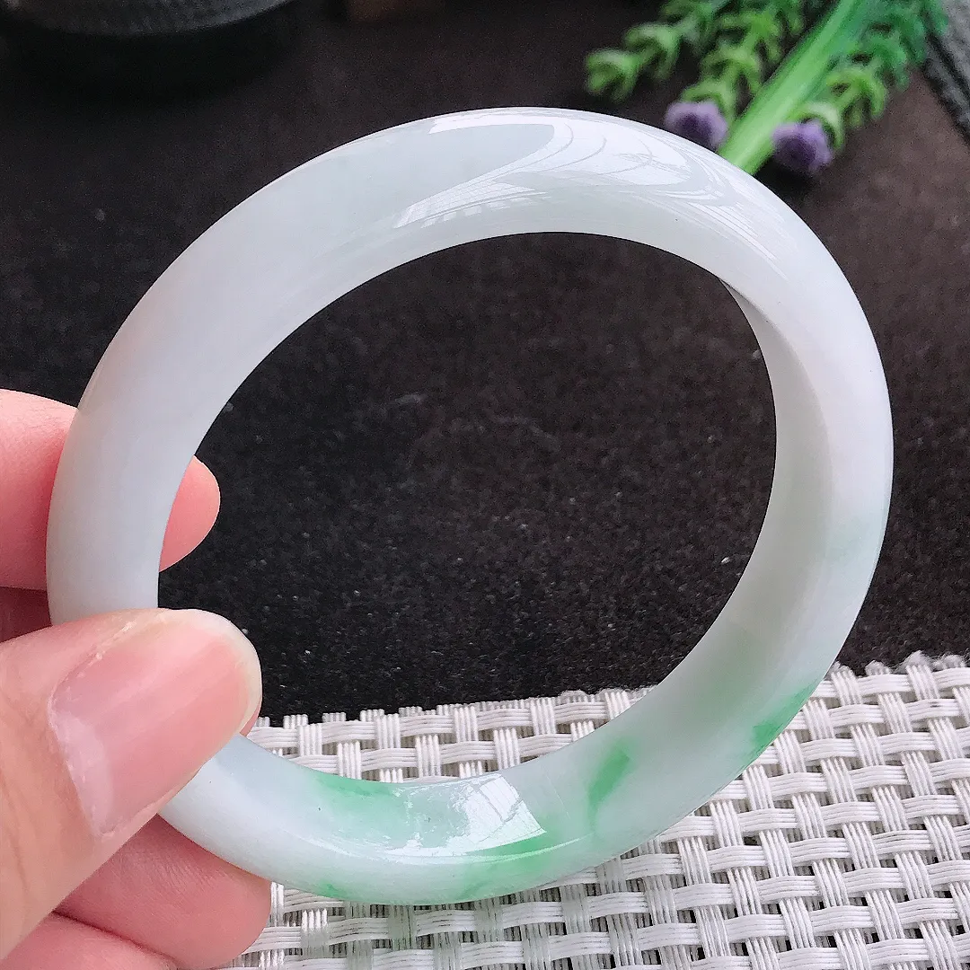 天然A货翡翠60/12.8/8.3老坑冰润水灵飘阳绿手镯宽边玉手镯