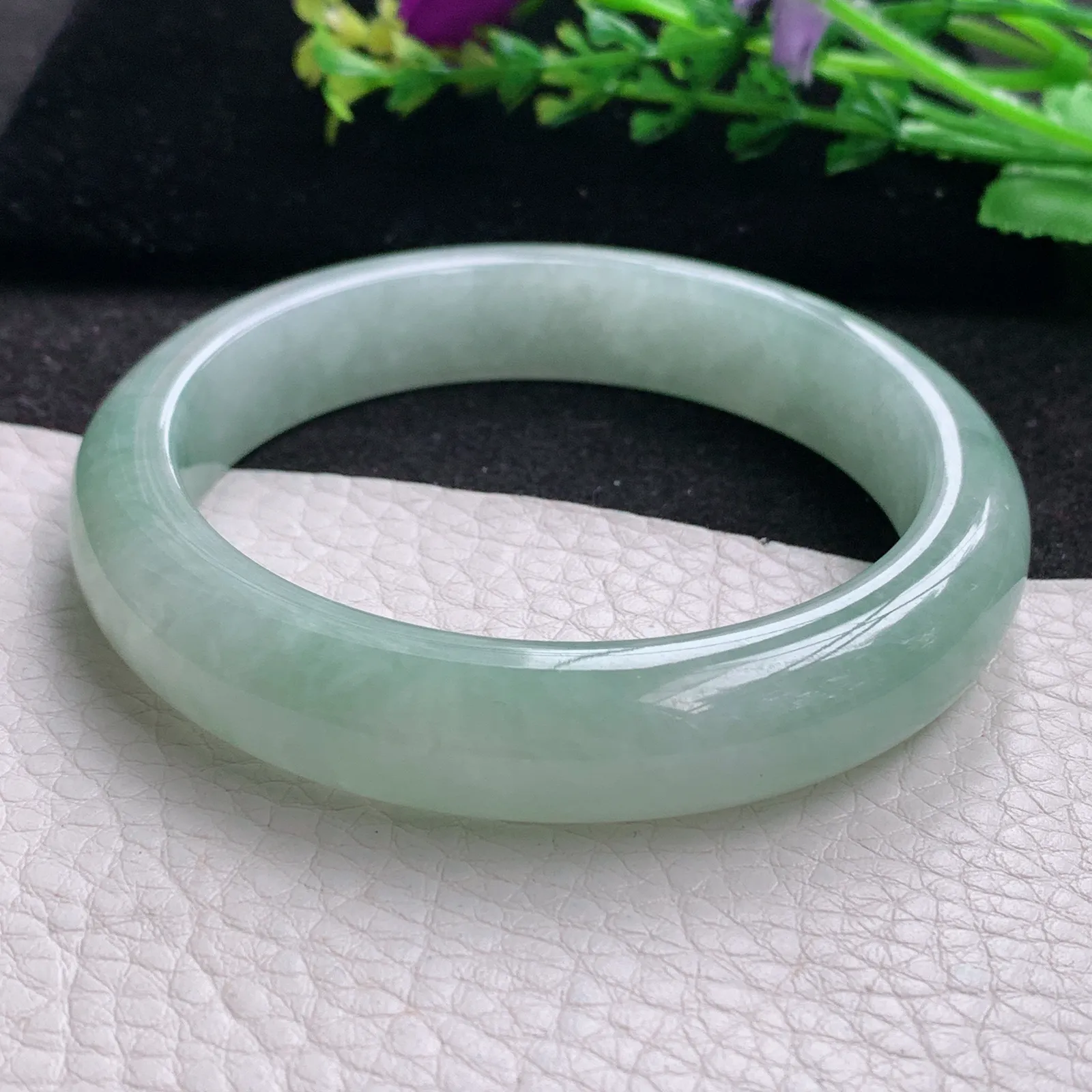 z大圈口60*12.8*8.8平安镯 缅甸翡翠a货玉手镯冰晴胶感宽边玉手环