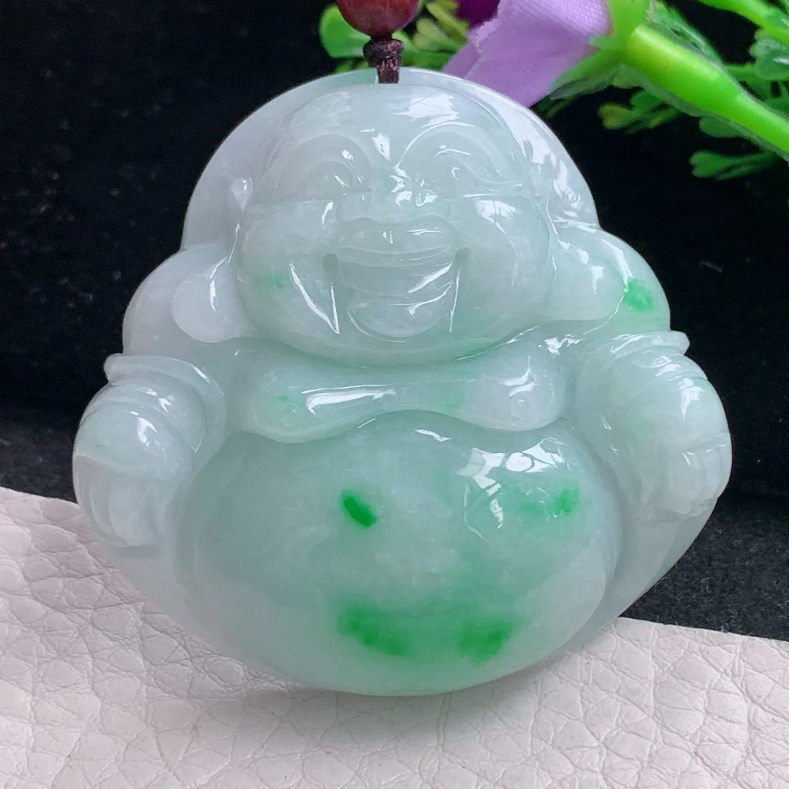 zen自然光46.5*48.3*12.3天然缅甸翡翠飘阳绿大佛公 开心佛玉吊坠 玉挂件