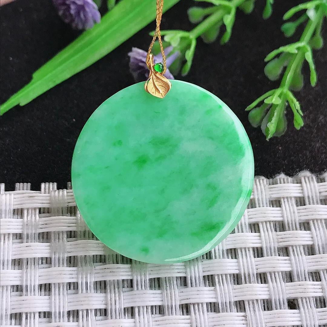 天然a货翡翠28/4.1老坑18k金镶嵌满绿无事牌吊坠翡翠圆牌挂件