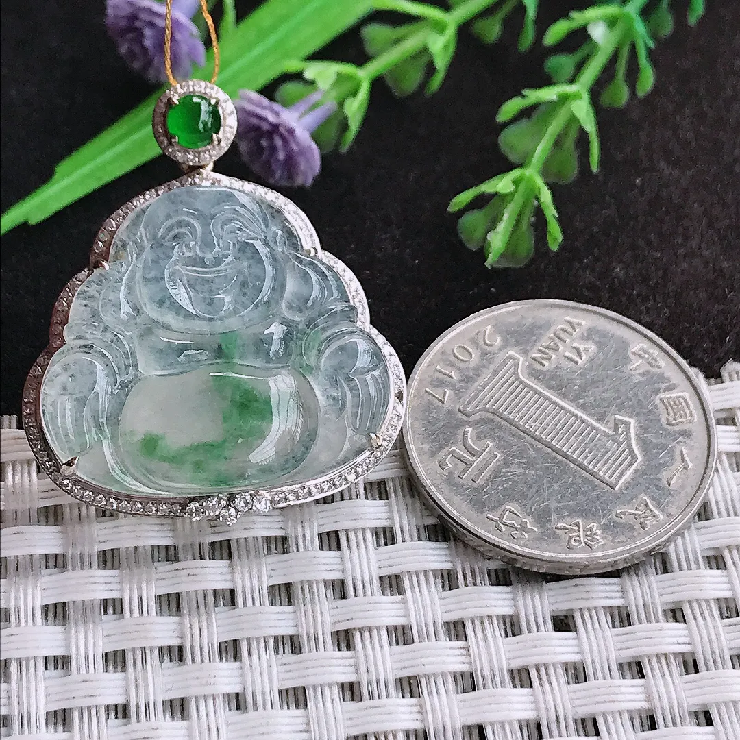 天然a货翡翠34/29/8.5老坑18k金镶嵌冰种飘绿佛公吊坠翡翠玉佛挂件