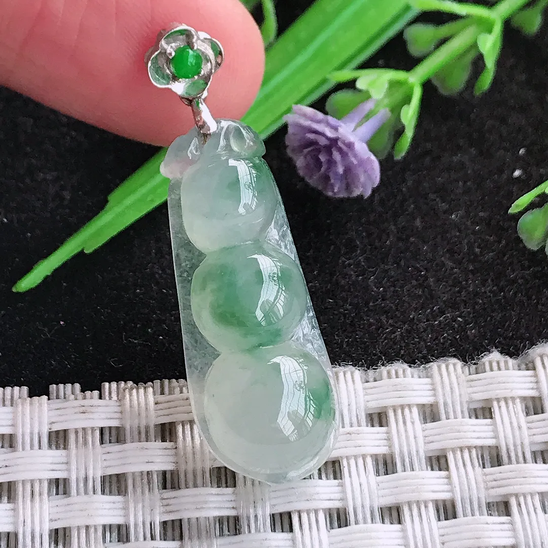 天然a货翡翠28.5/11.2/6.7老坑18k金镶嵌冰飘花四季豆吊坠翡翠福豆挂件