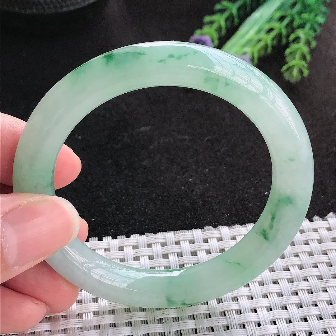 天然A货翡翠52.5/9.9/9.6老坑冰胶果冻飘花圆条手镯小圈口玉手镯