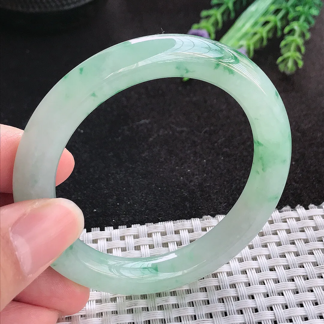 天然A货翡翠52.5/9.9/9.6老坑冰胶果冻飘花圆条手镯小圈口玉手镯