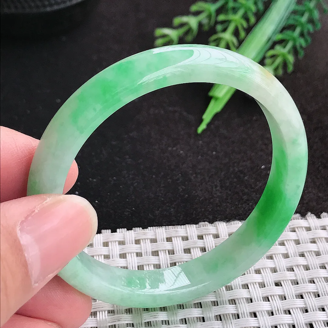 天然A货翡翠51/9.4/6.6老坑精美冰润飘阳绿手镯小圈口玉镯