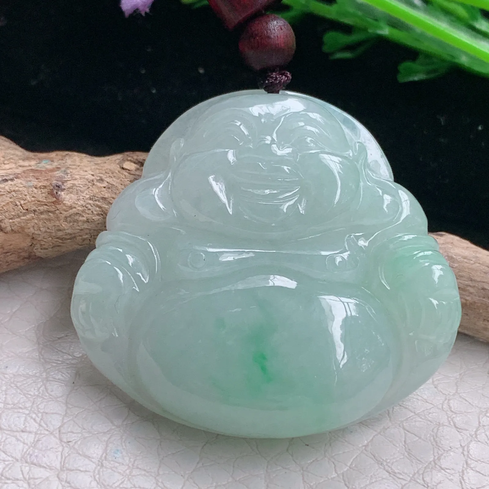 zen自然光37.6*40.5*9.3天然缅甸翡翠飘绿水润佛公 弥勒佛玉吊坠 玉挂件