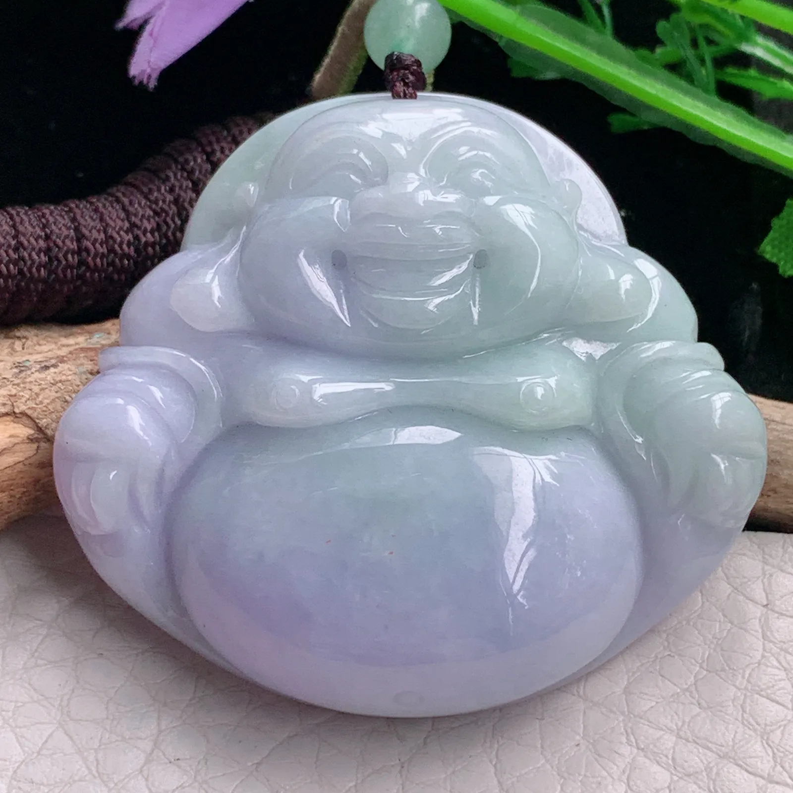 zen自然光46*51*12.3天然缅甸翡翠春带彩大佛公 弥勒佛玉吊坠 玉挂件