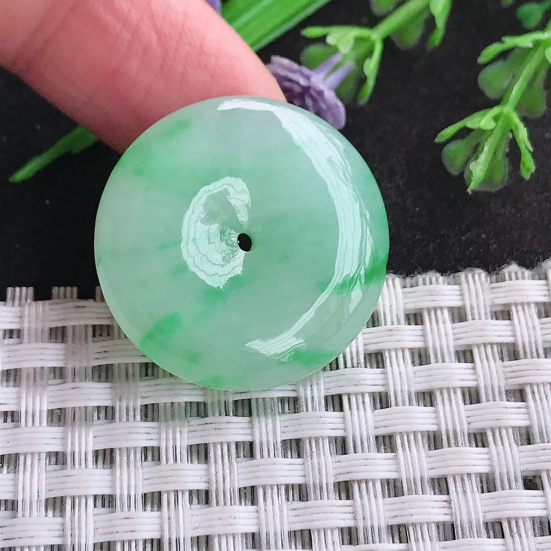 天然a货翡翠26.6/6.9老坑冰胶飘阳绿平安扣吊坠翡翠玉扣挂件