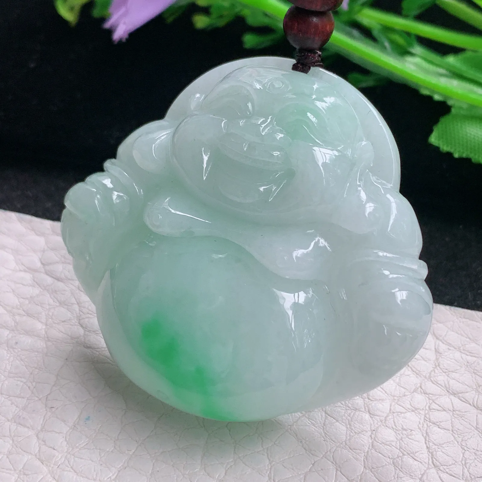 zen自然光45.8*50*13天然缅甸翡翠飘绿大佛公 开心佛玉吊坠 玉挂件