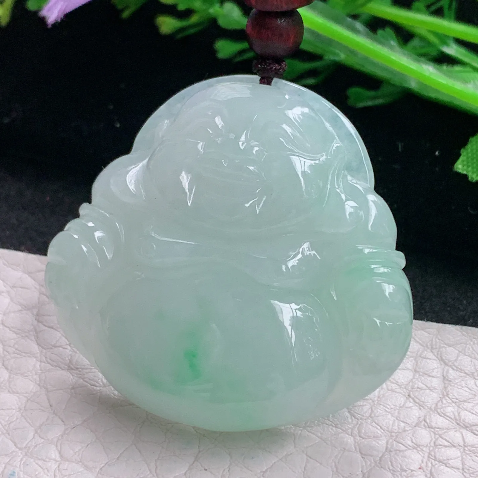 zen自然光37.6*40.5*9.3天然缅甸翡翠飘绿水润佛公 弥勒佛玉吊坠 玉挂件