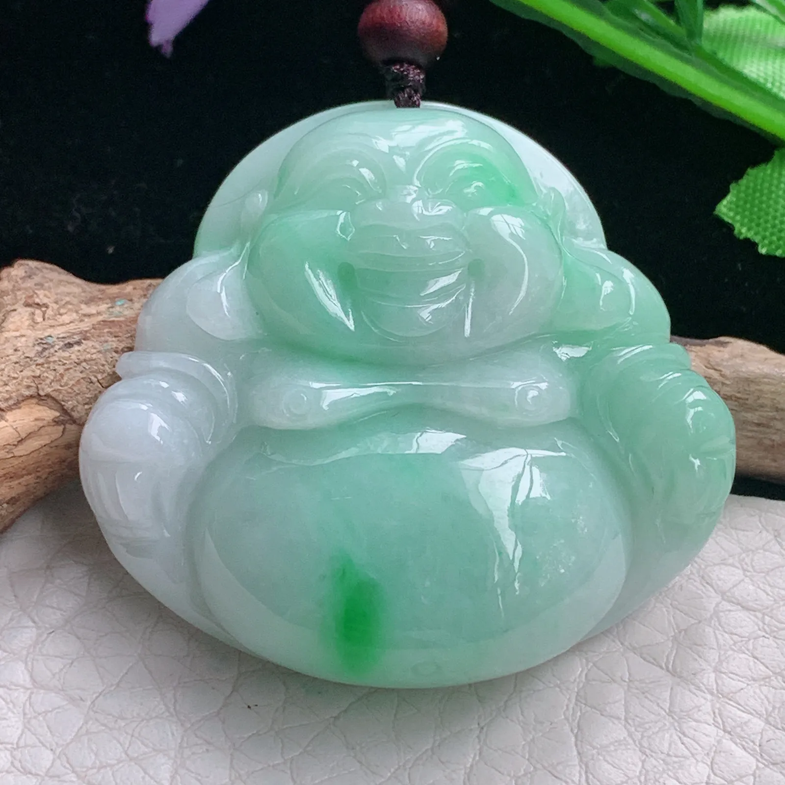 zen自然光41.5*45.6*12.5天然缅甸翡翠飘绿佛公 弥勒佛玉吊坠 玉挂件