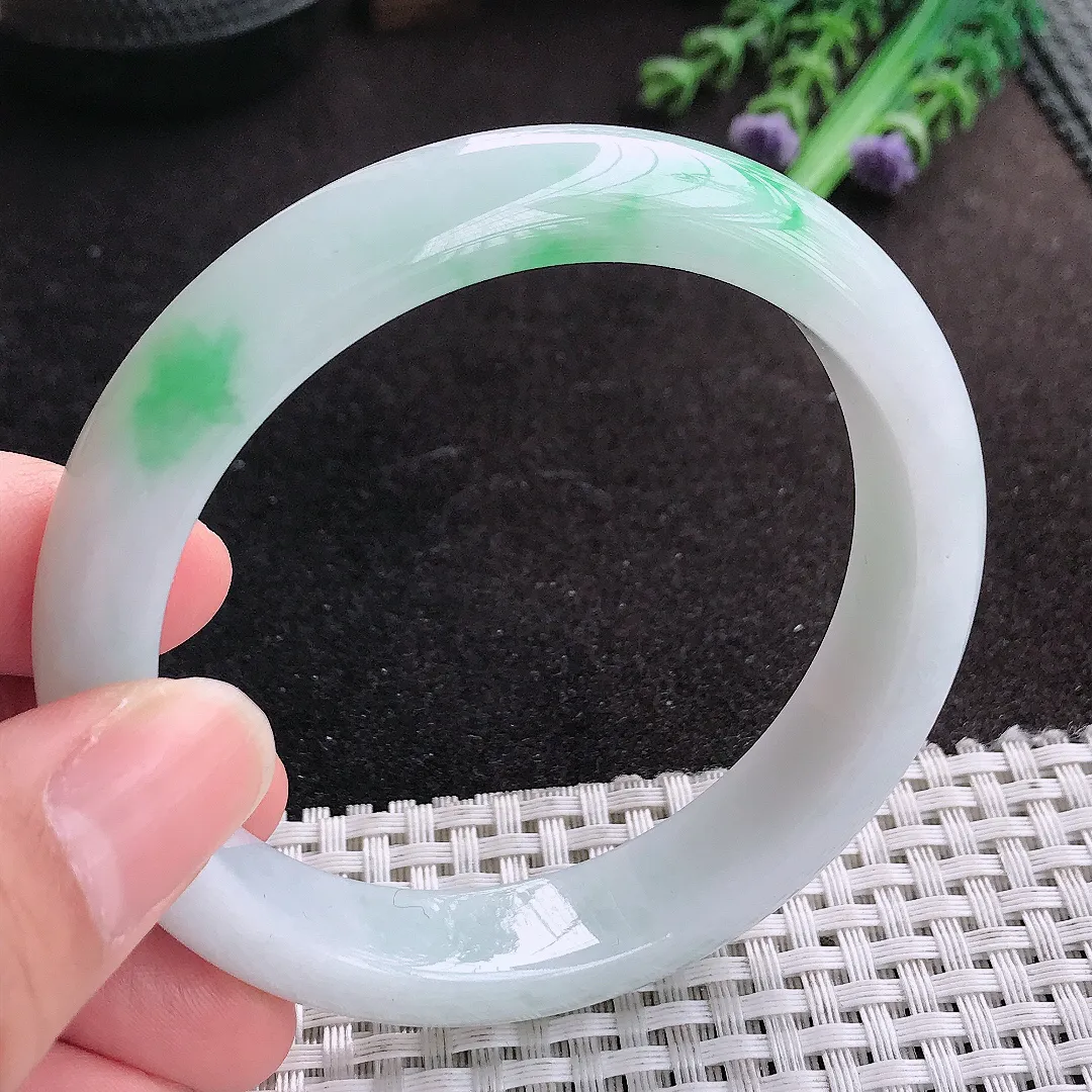 天然A货翡翠60/12.8/8.3老坑冰润水灵飘阳绿手镯宽边玉手镯