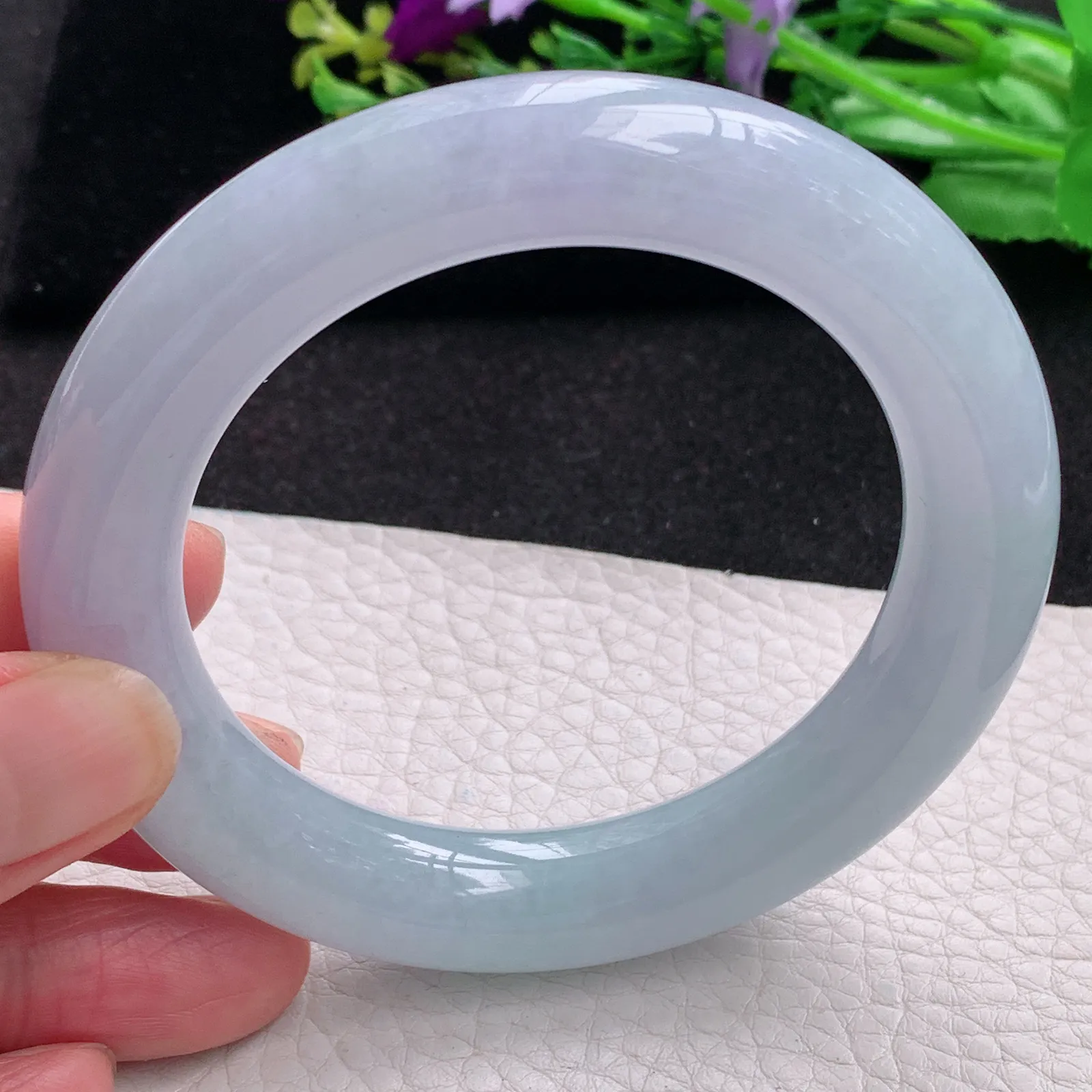 z自然光57*12.2胖圆镯 缅甸翡翠a货玉手镯紫罗兰高雅圆条大气玉手环