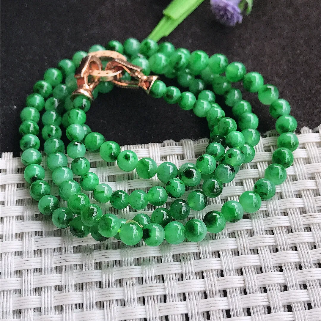 天然a货翡翠5/11.8颗老坑精美冰润辣阳绿满绿圆珠项链翡翠玉珠手链