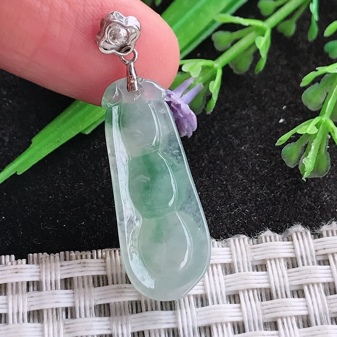 天然a货翡翠28.5/11.2/6.7老坑18k金镶嵌冰飘花四季豆吊坠翡翠福豆挂件